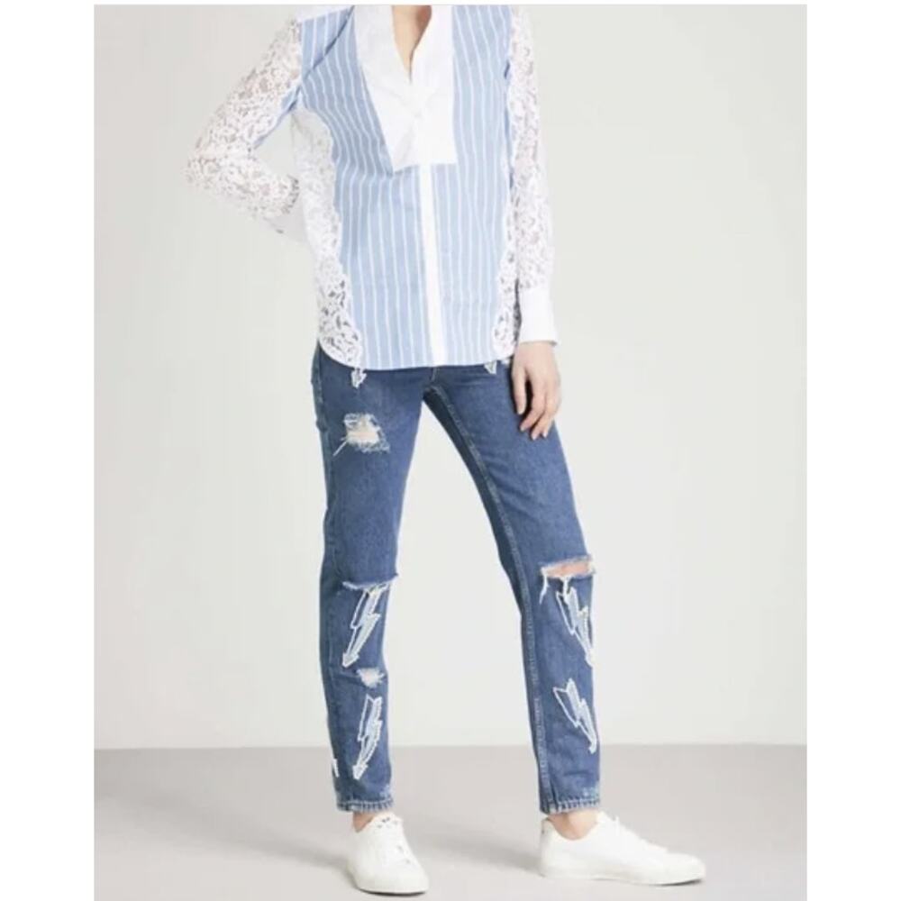 Sandro Women's Rebecca Lightning Bolt Slim Distressed High Rise Jeans Sz 6